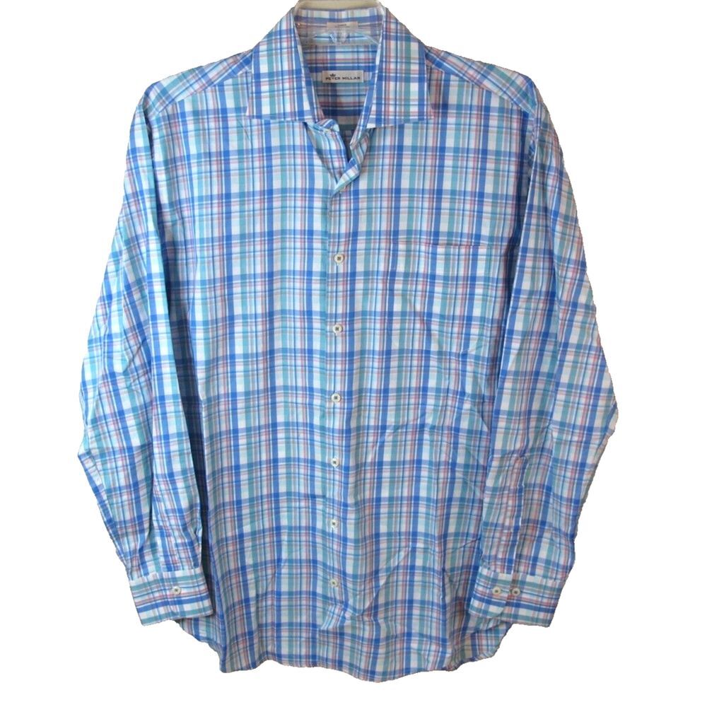 Peter Millar Pastel Check Button Front Long Sleeve Dress Shirt Cotton Men's L